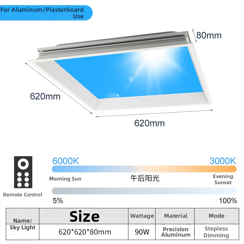 LED ultra tenký stropný panel s inteligentnou integráciou, vhodný do kuchyne a kúpeľne, modré svetlo oblohy, simulácia Slnka, čisté nebo svetlo