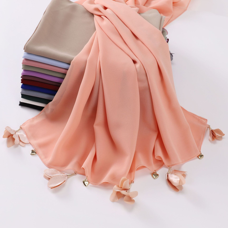 Kézzel készült szív alakú virágos gyöngyös chiffon sál, etnikus stílus