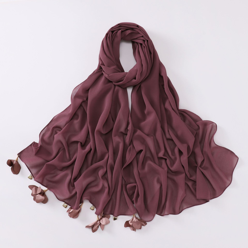 Kézzel készült szív alakú virágos gyöngyös chiffon sál, etnikus stílus