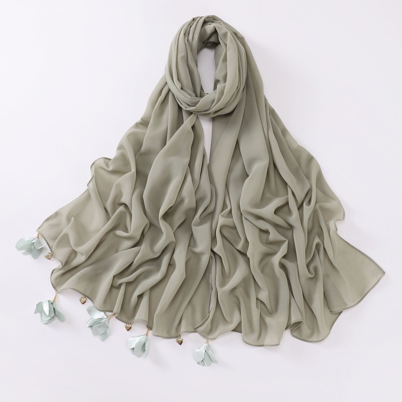 Kézzel készült szív alakú virágos gyöngyös chiffon sál, etnikus stílus