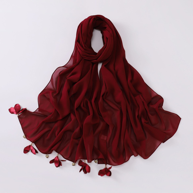 Kézzel készült szív alakú virágos gyöngyös chiffon sál, etnikus stílus