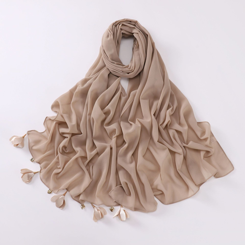 Kézzel készült szív alakú virágos gyöngyös chiffon sál, etnikus stílus