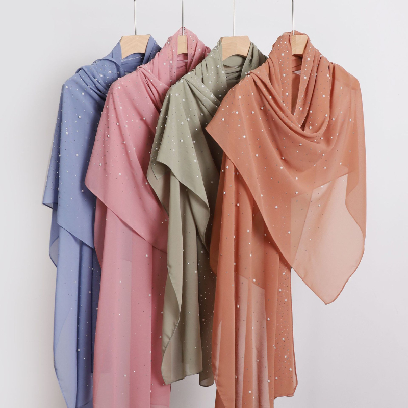 Gyöngy-chiffon hosszú sál, csillag-diamand mintával, etnikus fejkendő Malay-Afrikai stílusban