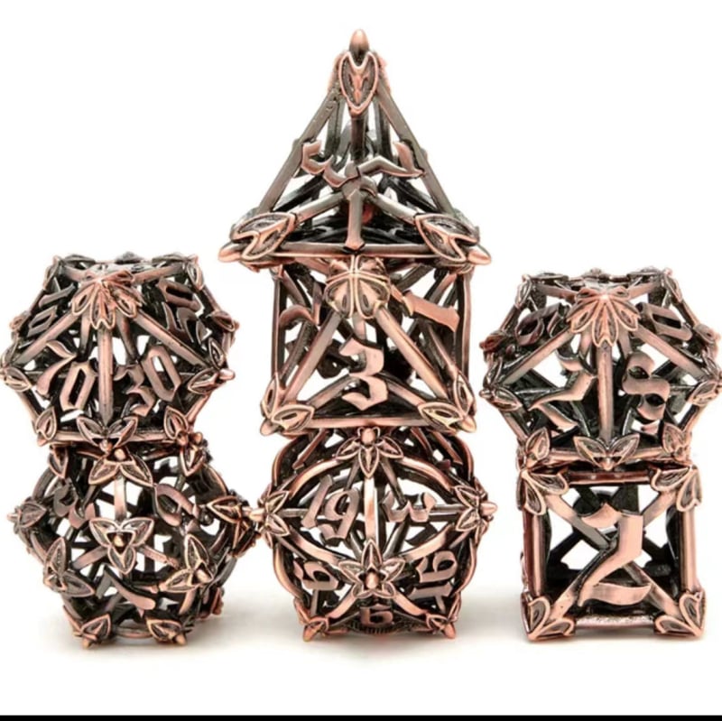 Metalni set kockica za stolne RPG s otvorenim uzorkom ruže