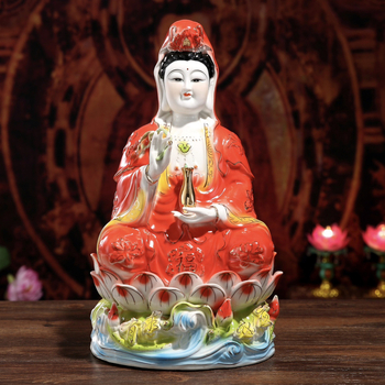 Keramické Guanyin sošky – v červenom a zelenom rúchu, Bodhisattva Nanhai Guanyin