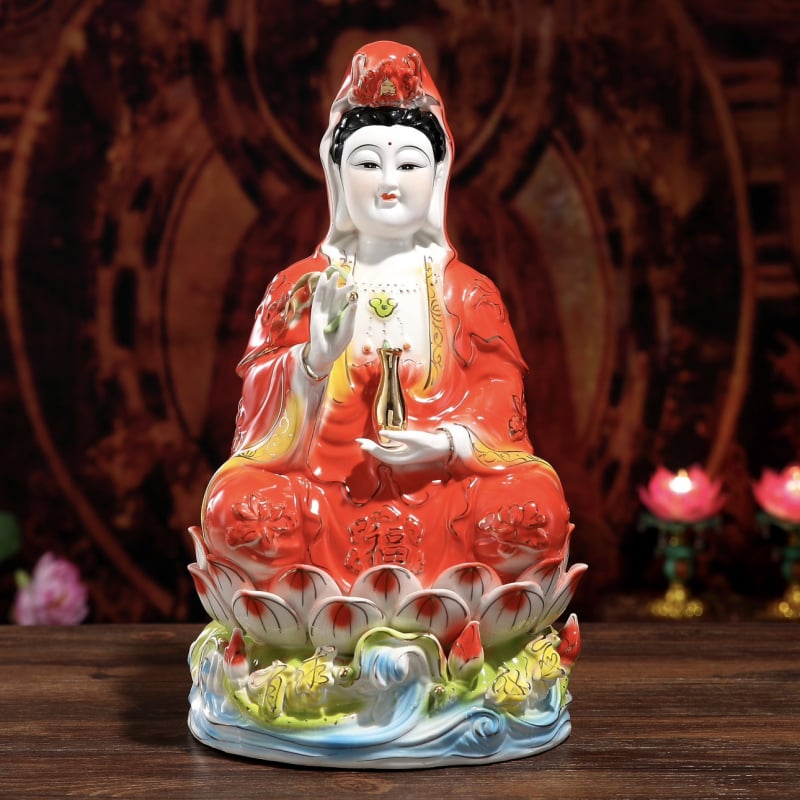 Keramické Guanyin sošky – v červenom a zelenom rúchu, Bodhisattva Nanhai Guanyin