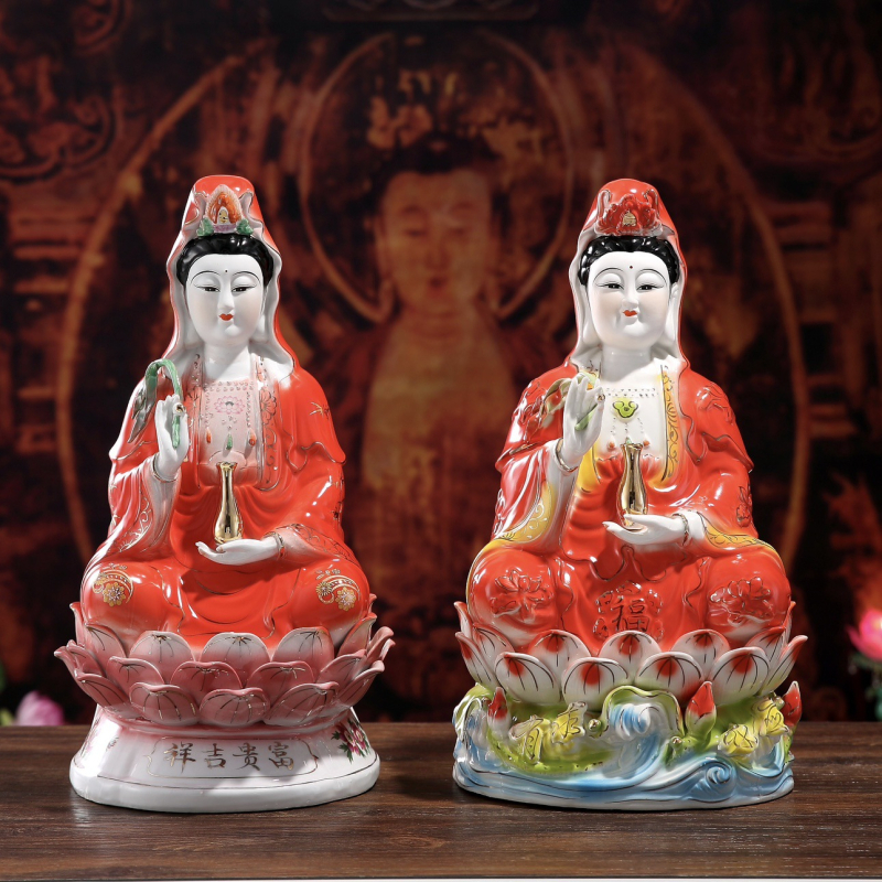 Keramické Guanyin sošky – v červenom a zelenom rúchu, Bodhisattva Nanhai Guanyin