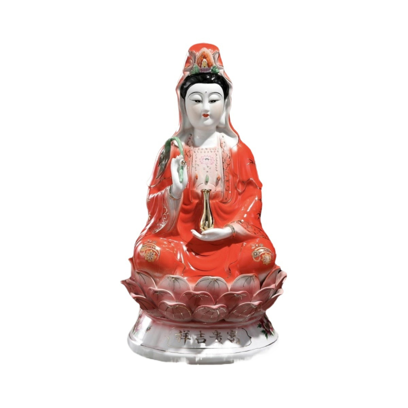 Keramické Guanyin sošky – v červenom a zelenom rúchu, Bodhisattva Nanhai Guanyin