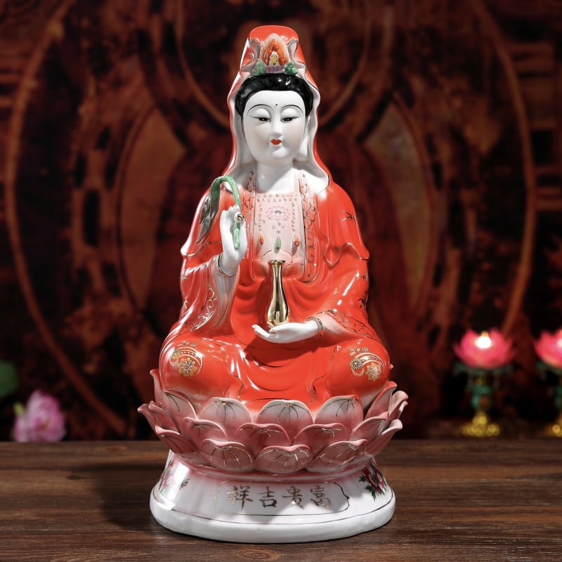 Keramické Guanyin sošky – v červenom a zelenom rúchu, Bodhisattva Nanhai Guanyin