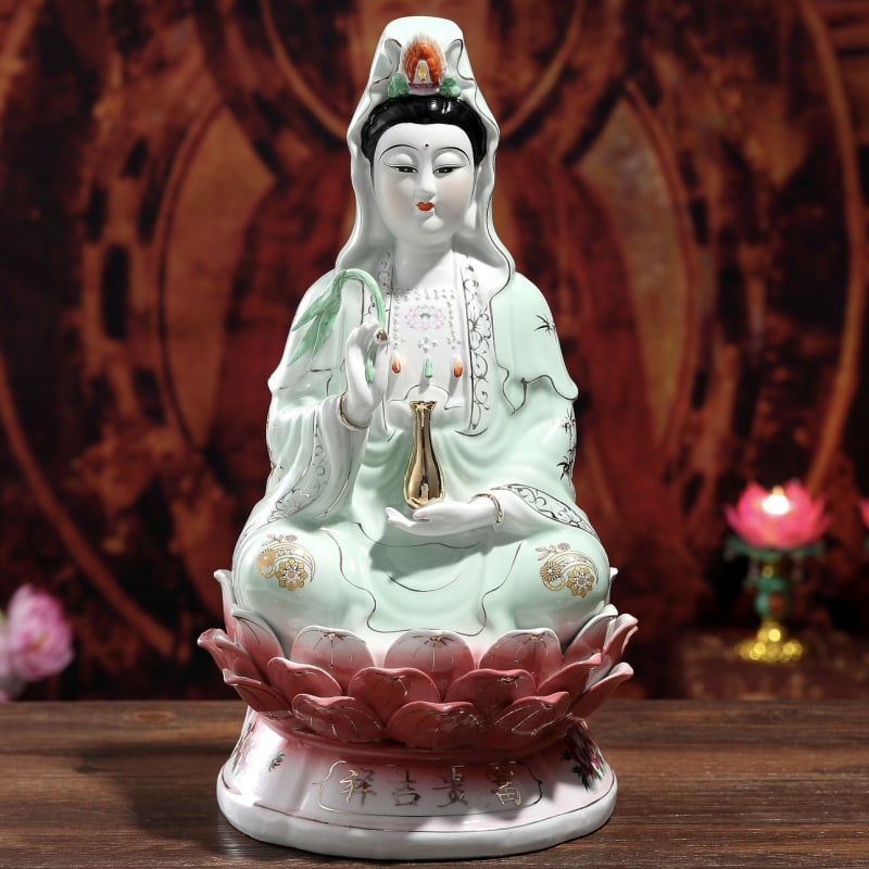Keramické Guanyin sošky – v červenom a zelenom rúchu, Bodhisattva Nanhai Guanyin