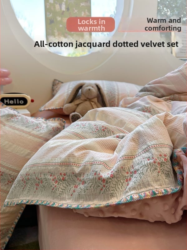 Jesenná–zimná bavlnená jacquard Bean Velvet súprava posteľnej bielizne s ružovým malým kvetinovým vzorom, štvordielna