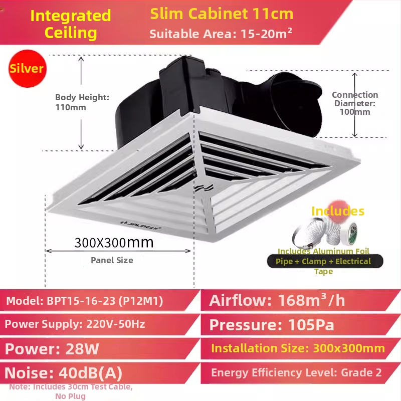 Jinling stropný výfukový ventilátor pre sadrokartónový strop, 30x30 cm, vetranie kúpeľne a toalety