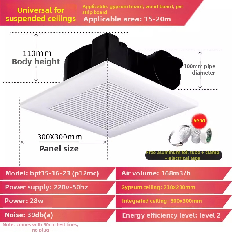 Jinling stropný výfukový ventilátor pre sadrokartónový strop, 30x30 cm, vetranie kúpeľne a toalety