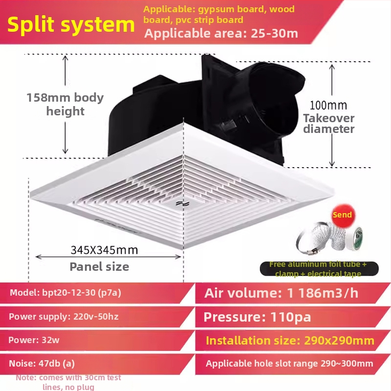 Jinling stropný výfukový ventilátor pre sadrokartónový strop, 30x30 cm, vetranie kúpeľne a toalety