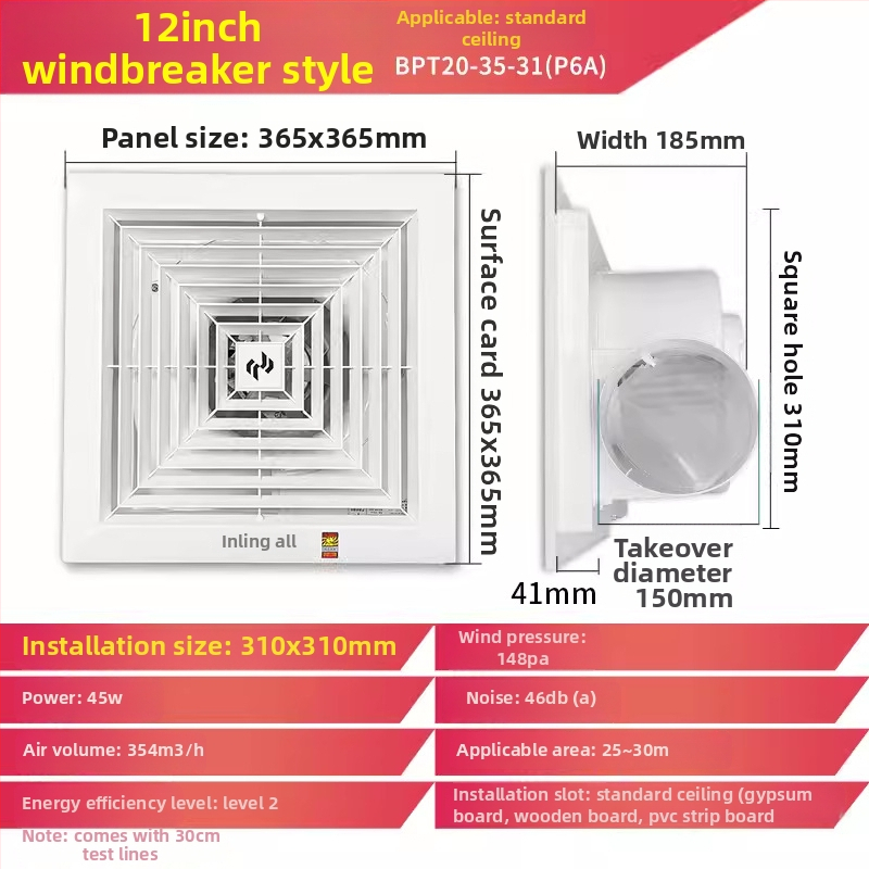 Jinling stropný výfukový ventilátor pre sadrokartónový strop, 30x30 cm, vetranie kúpeľne a toalety