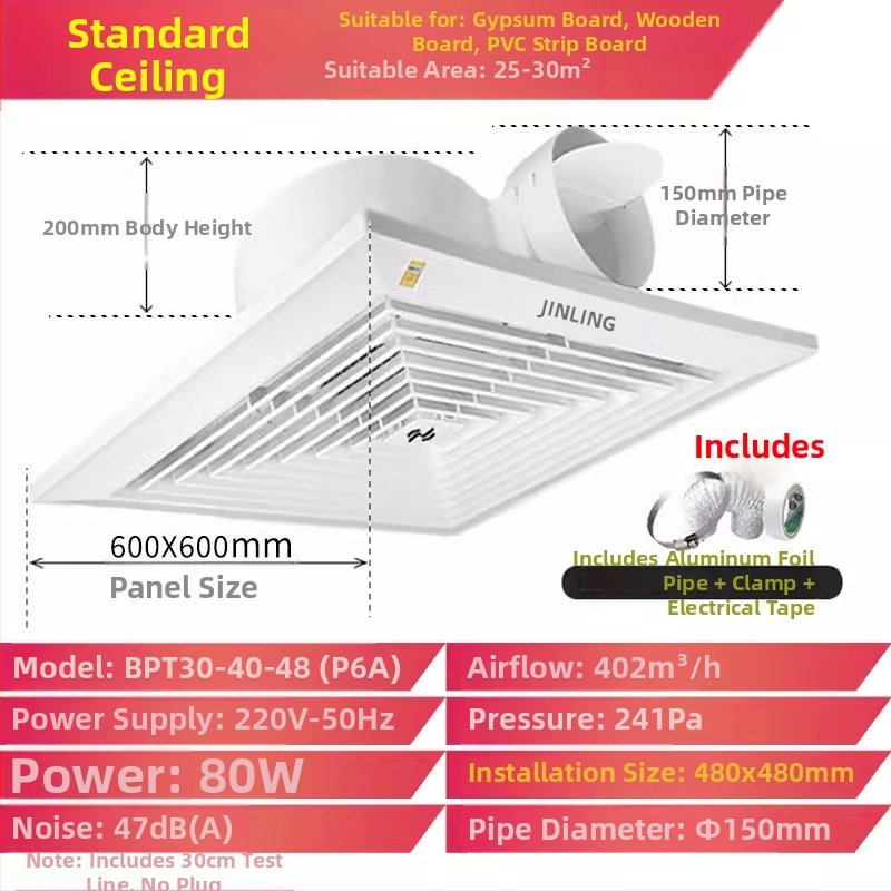 Jinling stropný výfukový ventilátor pre sadrokartónový strop, 30x30 cm, vetranie kúpeľne a toalety