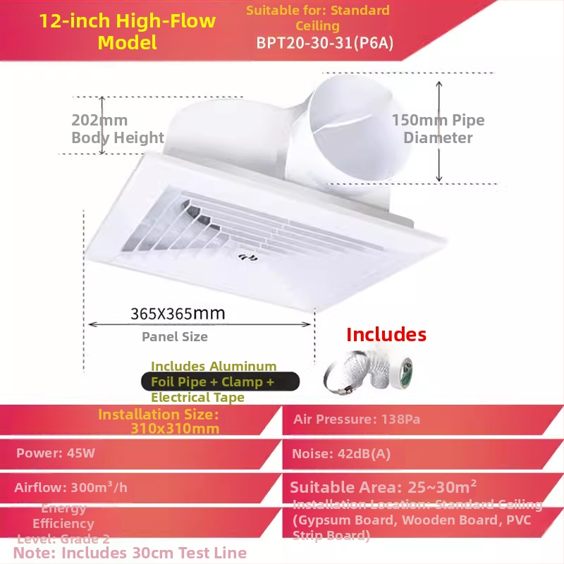 Jinling stropný výfukový ventilátor pre sadrokartónový strop, 30x30 cm, vetranie kúpeľne a toalety