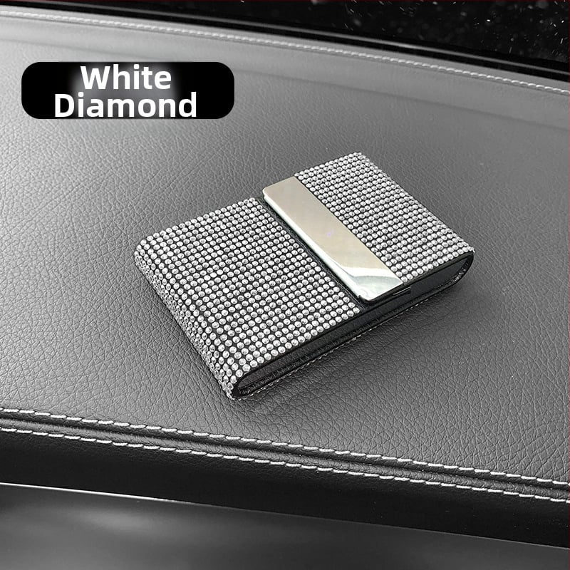 Automobilový držák vizitiek s diamantovou inkrustáciou a výklopným krytom z nehrdzavejúcej ocele