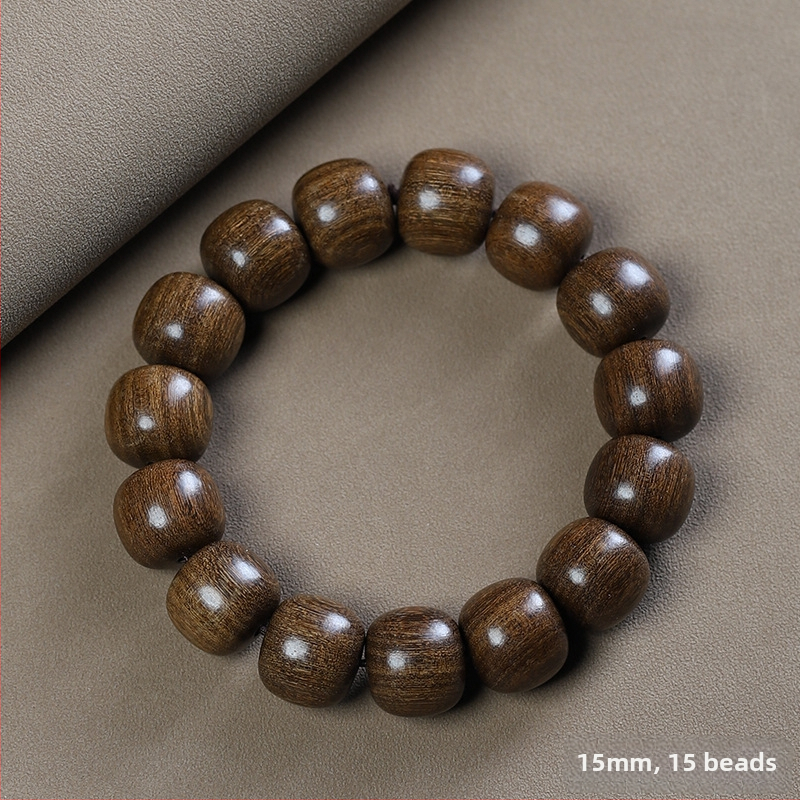 Brățară unisex din mărgele de lemn: santal și alte tipuri de lemn, mărgele cilindrice și abac, 12 mm, 17 mărgele, stil etnic, finisaj lustruit.