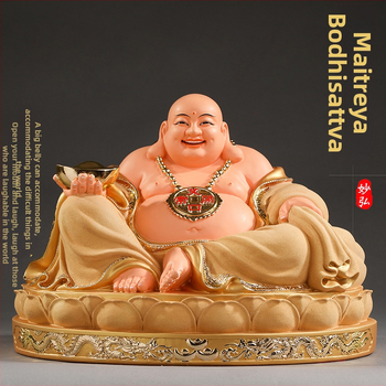 Socha Maitreya Budhu, červené oblečenie, veľké brucho, usmievavý Buddha pre domáce dekorácie, balená v drevenej krabičke