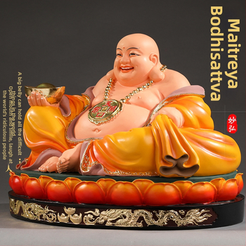 Socha Maitreya Budhu, červené oblečenie, veľké brucho, usmievavý Buddha pre domáce dekorácie, balená v drevenej krabičke