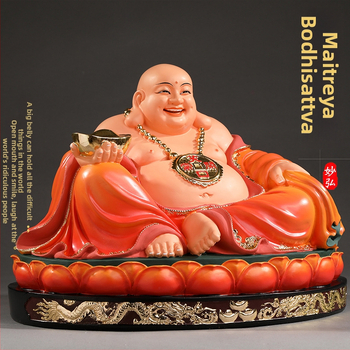 Socha Maitreya Budhu, červené oblečenie, veľké brucho, usmievavý Buddha pre domáce dekorácie, balená v drevenej krabičke