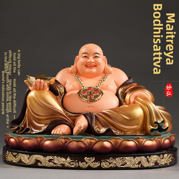 Socha Maitreya Budhu, červené oblečenie, veľké brucho, usmievavý Buddha pre domáce dekorácie, balená v drevenej krabičke