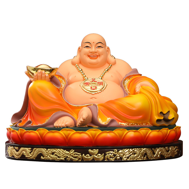 Socha Maitreya Budhu, červené oblečenie, veľké brucho, usmievavý Buddha pre domáce dekorácie, balená v drevenej krabičke
