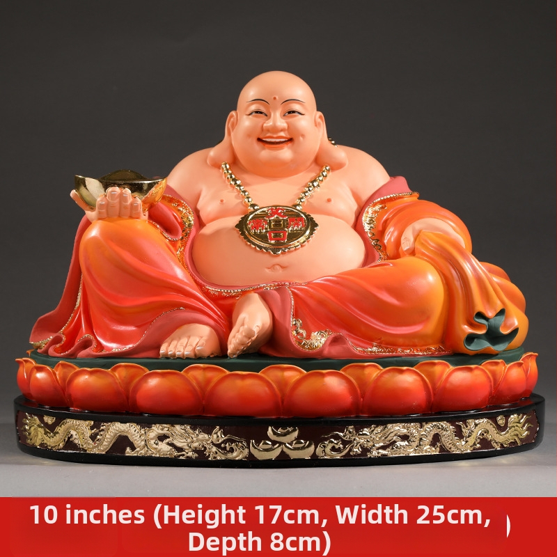 Socha Maitreya Budhu, červené oblečenie, veľké brucho, usmievavý Buddha pre domáce dekorácie, balená v drevenej krabičke