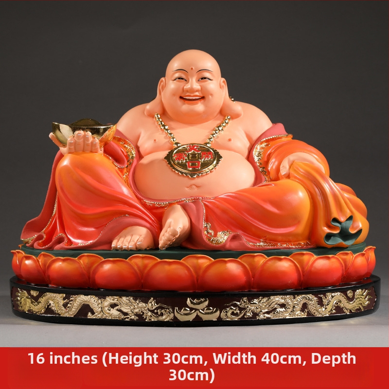 Socha Maitreya Budhu, červené oblečenie, veľké brucho, usmievavý Buddha pre domáce dekorácie, balená v drevenej krabičke