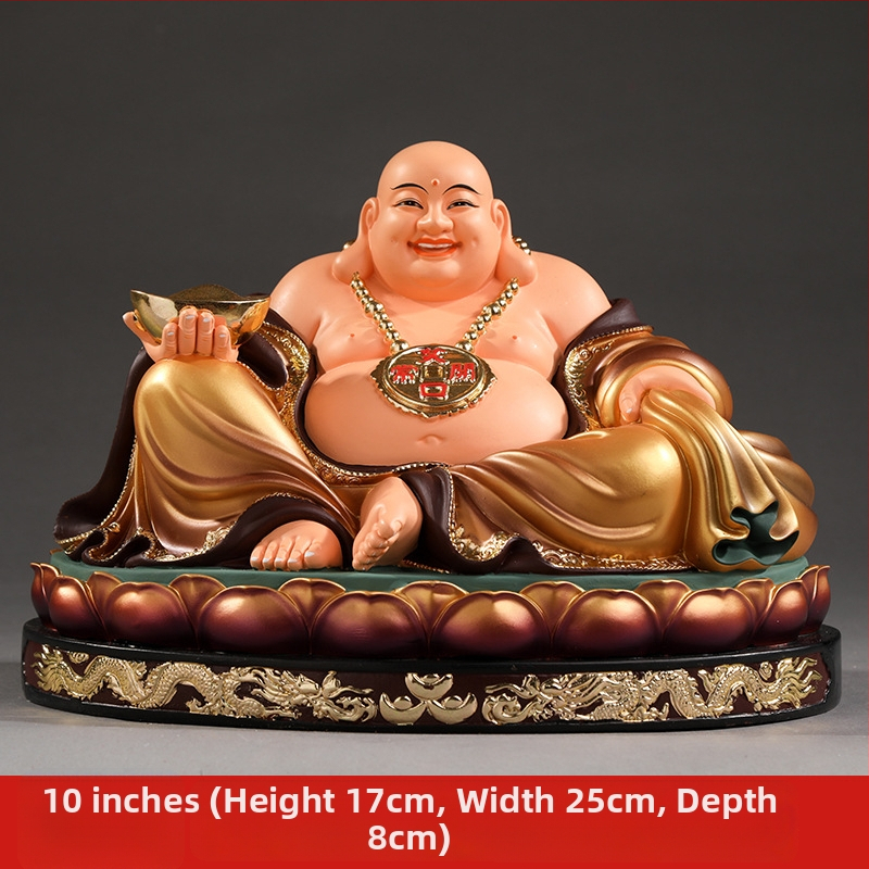 Socha Maitreya Budhu, červené oblečenie, veľké brucho, usmievavý Buddha pre domáce dekorácie, balená v drevenej krabičke