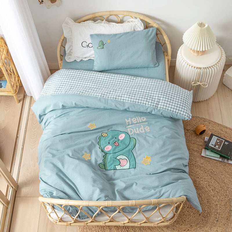 Set de lenjerie pentru copii din bumbac 100%, bumbac spălat, broderie prin appliqué, pentru grădiniță, temă desen animat