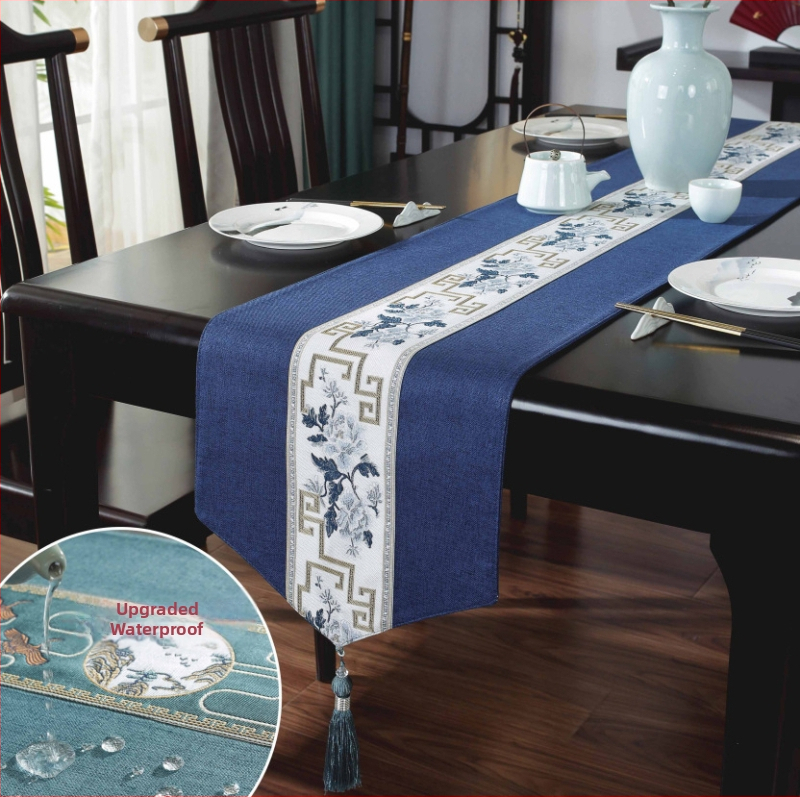 Nový čínskeho štýlu nepremokavý vyšívaný behún s strapcami, ľanovo-bavlnený čajový stolný textil v zen štýle, ľahký luxus