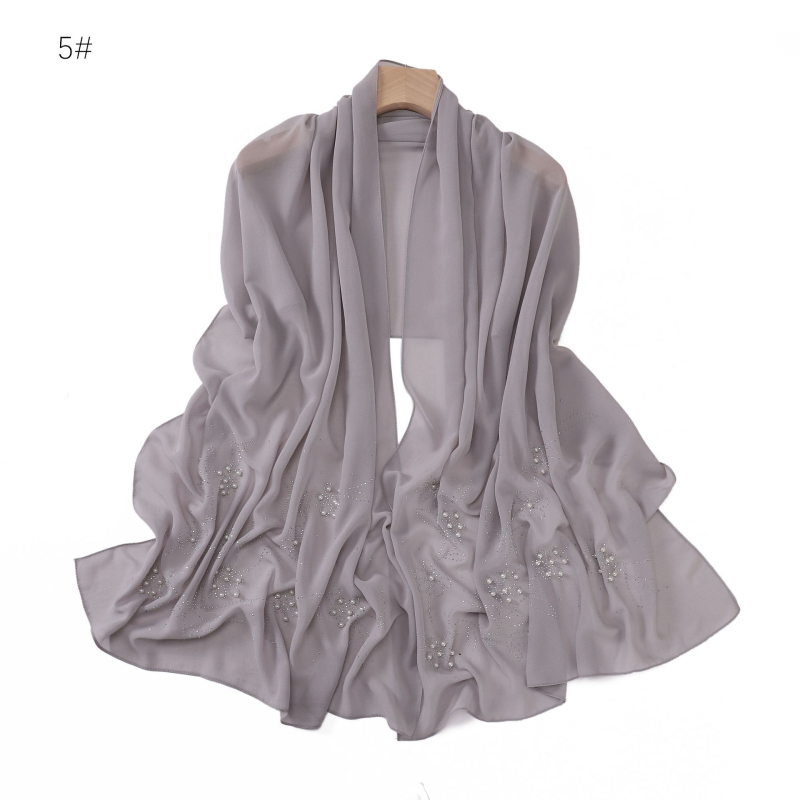 Hosszú chiffon sál virágos mintával, gyöngyökkel és strasszokkal, egyszínű, női kendő kapucnival