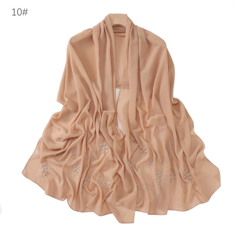 Hosszú chiffon sál virágos mintával, gyöngyökkel és strasszokkal, egyszínű, női kendő kapucnival