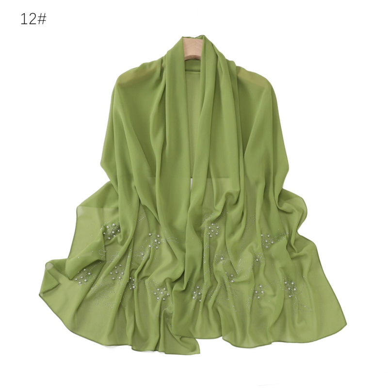 Hosszú chiffon sál virágos mintával, gyöngyökkel és strasszokkal, egyszínű, női kendő kapucnival