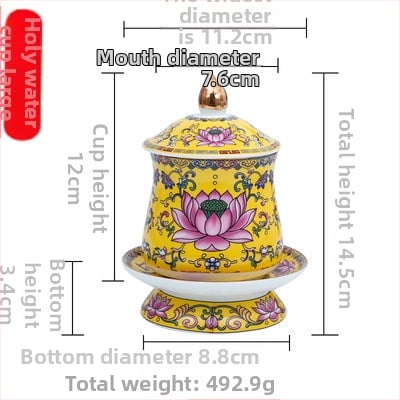 Guoshun smaltovaný žltý set: pohár na vodu s lotosom, Sväty Grál, tanier na ovocné obetu pred Budhom, tanier na ovocné dary, kadidlovník