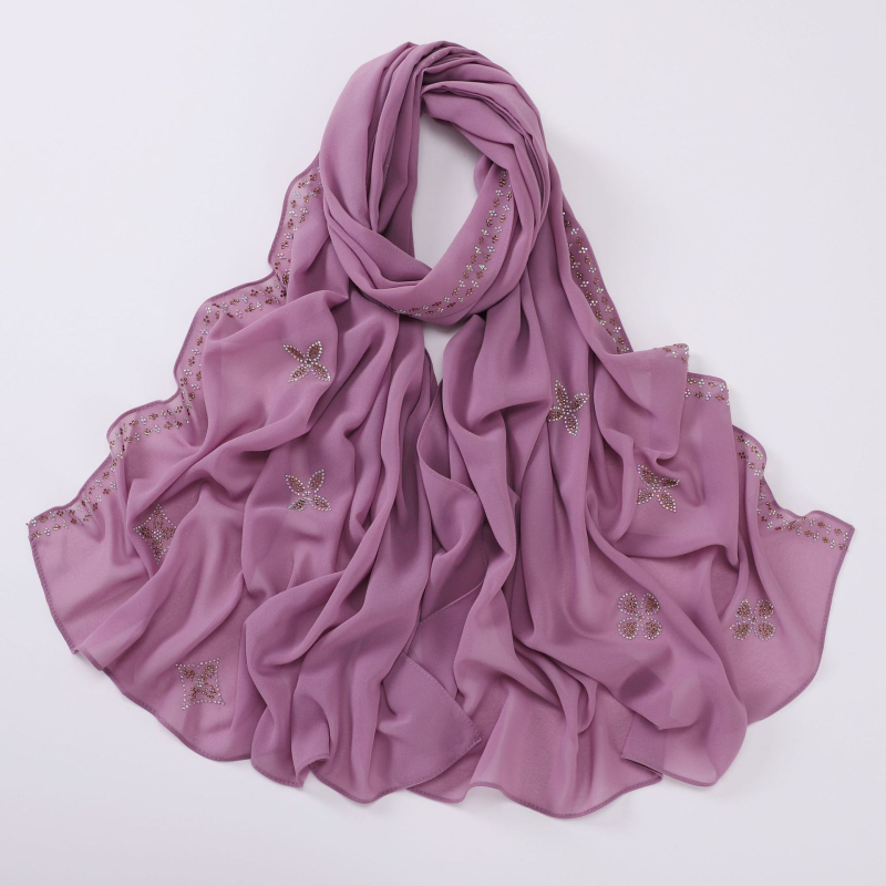 Gyöngyös chiffon hosszú sál strasszos díszítéssel – Hui etnikus géz hijab