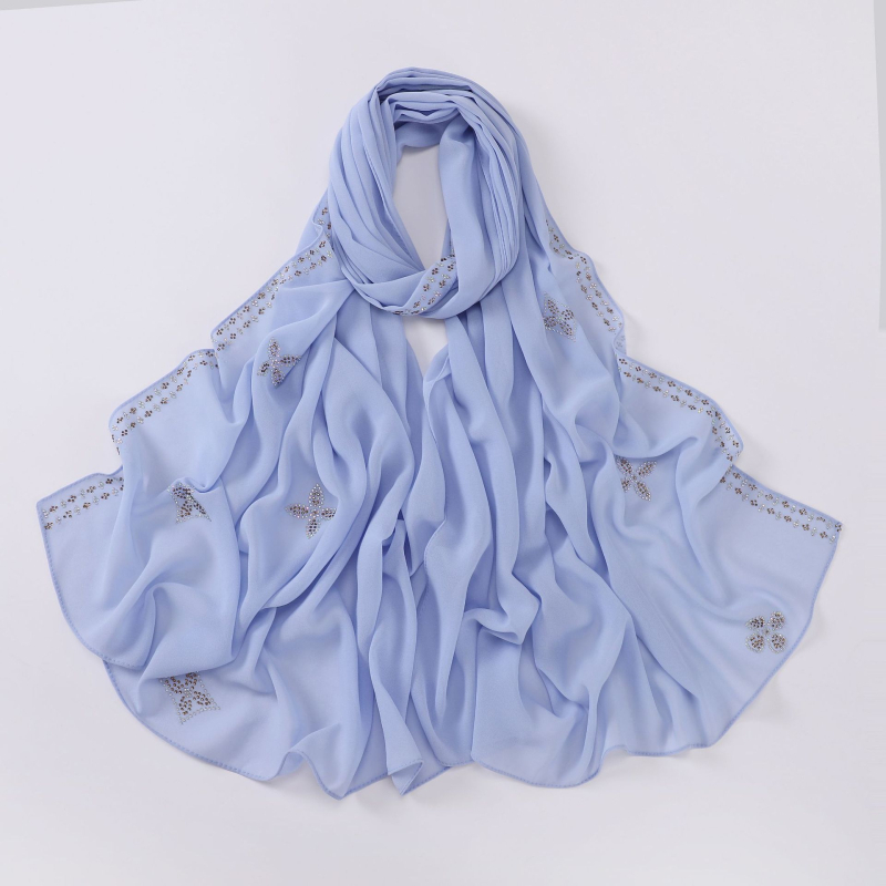 Gyöngyös chiffon hosszú sál strasszos díszítéssel – Hui etnikus géz hijab