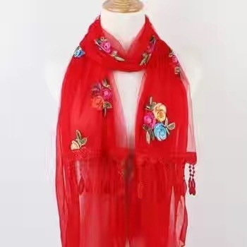 Moon női chiffon sál, koreai stílus, hímzett virágos csipke, egyszínű, 38×170 cm, egész éves viseletre