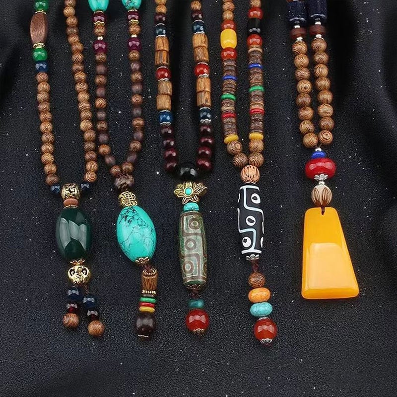 Etnički stil retro dugačka drvena ogrlica s Buddha privjeskom i Rudraksha perlama