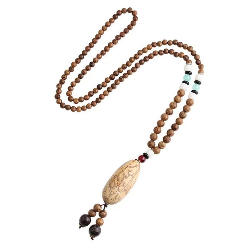 Etnički stil retro dugačka drvena ogrlica s Buddha privjeskom i Rudraksha perlama
