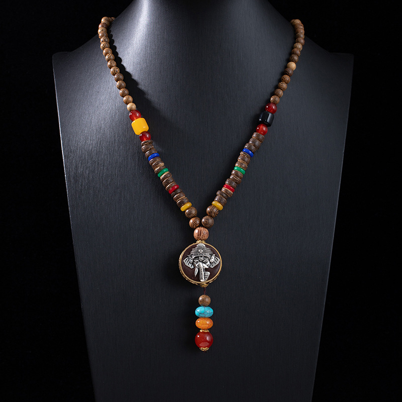 Etnički stil retro dugačka drvena ogrlica s Buddha privjeskom i Rudraksha perlama
