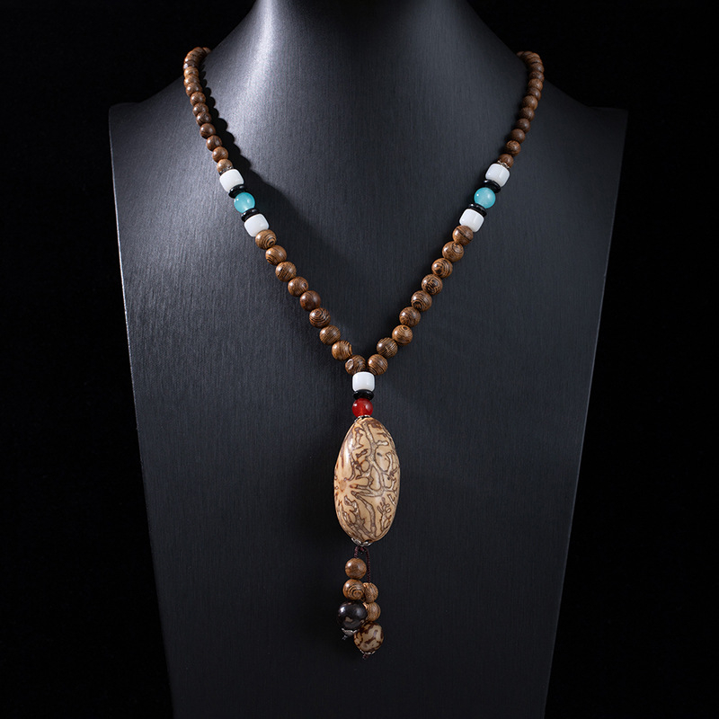Etnički stil retro dugačka drvena ogrlica s Buddha privjeskom i Rudraksha perlama