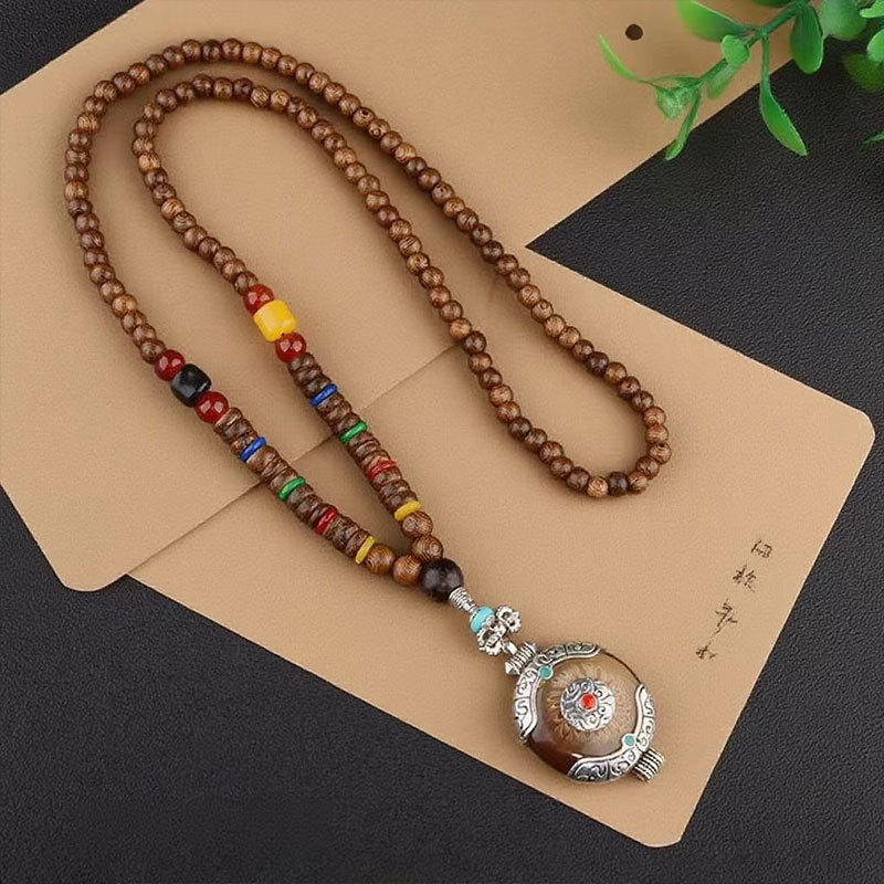 Etnički stil retro dugačka drvena ogrlica s Buddha privjeskom i Rudraksha perlama
