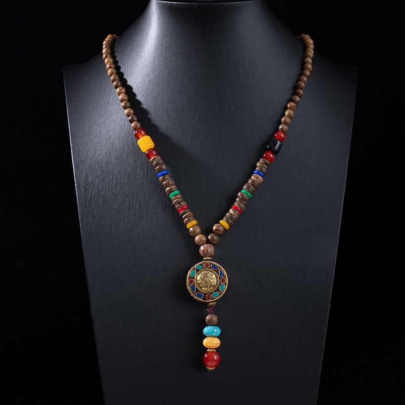 Etnički stil retro dugačka drvena ogrlica s Buddha privjeskom i Rudraksha perlama