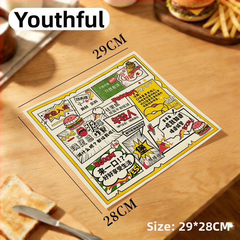 Papier na hamburgery, jednorazový obalovací papier, proti tukom, s PE povrchom, vhodný pre hamburgery, vyprážané kurča, kuracie rolky a ryžové guličky
