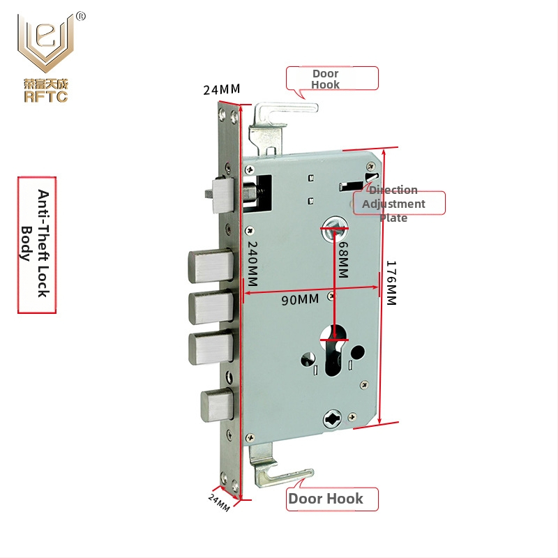 Sada príslušenstva k inteligentnej hotelovej zámke: telo zámky, dverová platňa, 6V externý zdroj napájania, batériový box, základná doska a gateway pre riadenie prístupu.