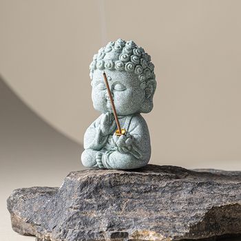 Zen držiak na kadidlo zo zeleného pieskovca so sediacim Budom, stolová dekorácia pre čajovú izbu alebo obývaciu izbu, prémiový kadidlový horák