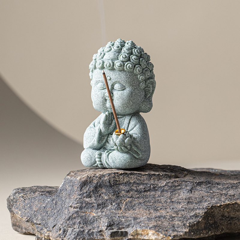 Zen držiak na kadidlo zo zeleného pieskovca so sediacim Budom, stolová dekorácia pre čajovú izbu alebo obývaciu izbu, prémiový kadidlový horák